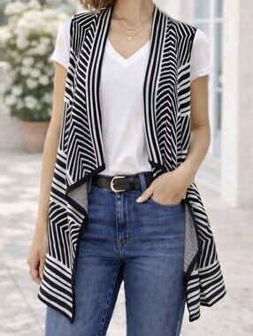 Spense Knits XL Black White Geometric Waterfall Cardigan | Open Drape Sweater